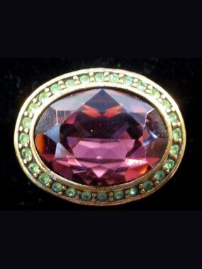 La Vintage Amethyst Colored Cocktail Ring Trimmed W/Green&Gold Rhinestones